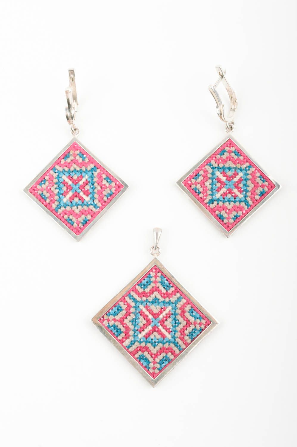 Handmade embroidered pendant and earrings set silver accessories with fabric photo 1