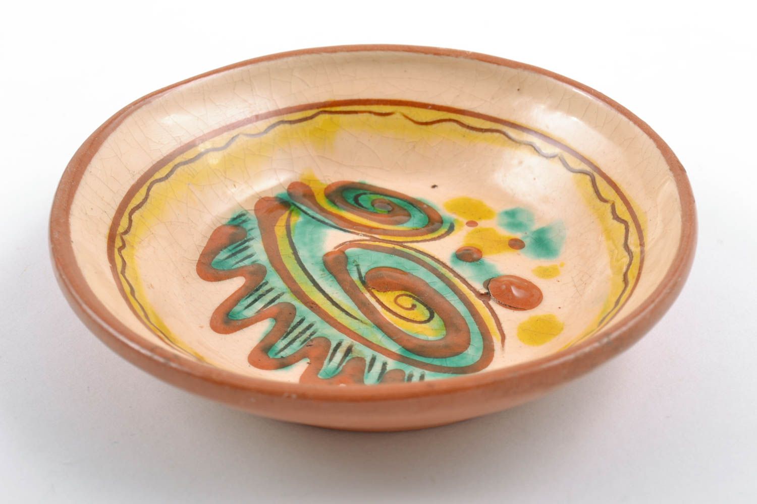 Petite assiette décorative en argile peinte de glaçure ronde faite main à motif photo 4