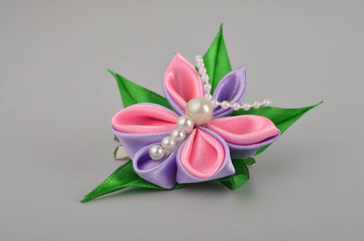 Unusual handmade textile flower barrette hair clip kanzashi ideas gifts for girl photo 2