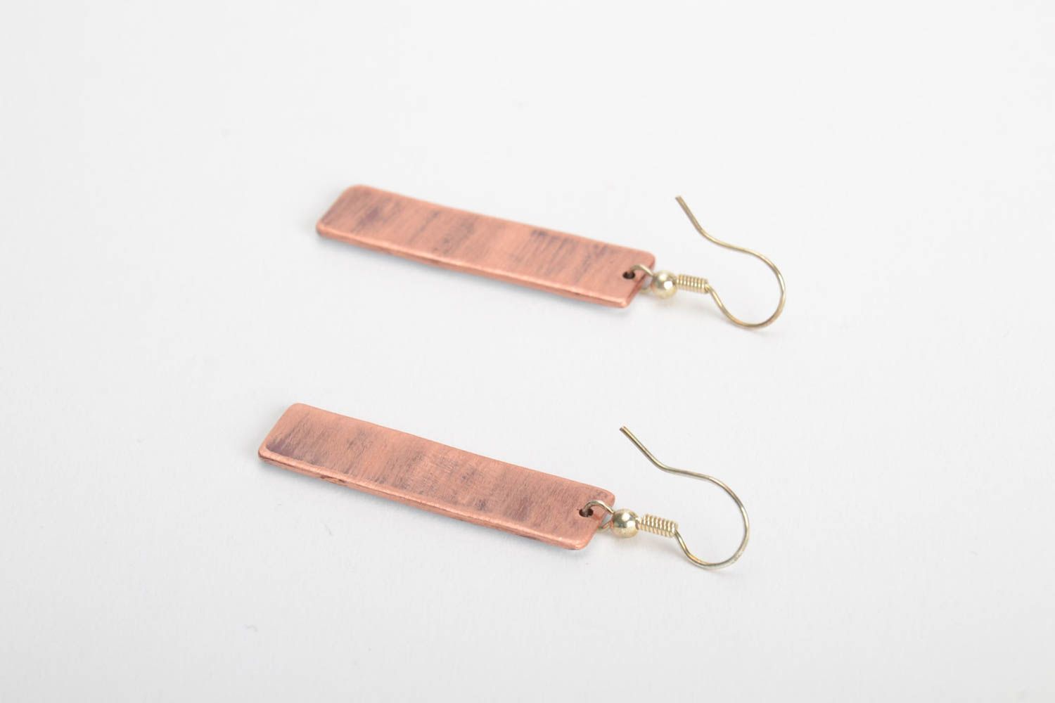 Handmade copper long earrings with charms with white enamel stylish accessory photo 3