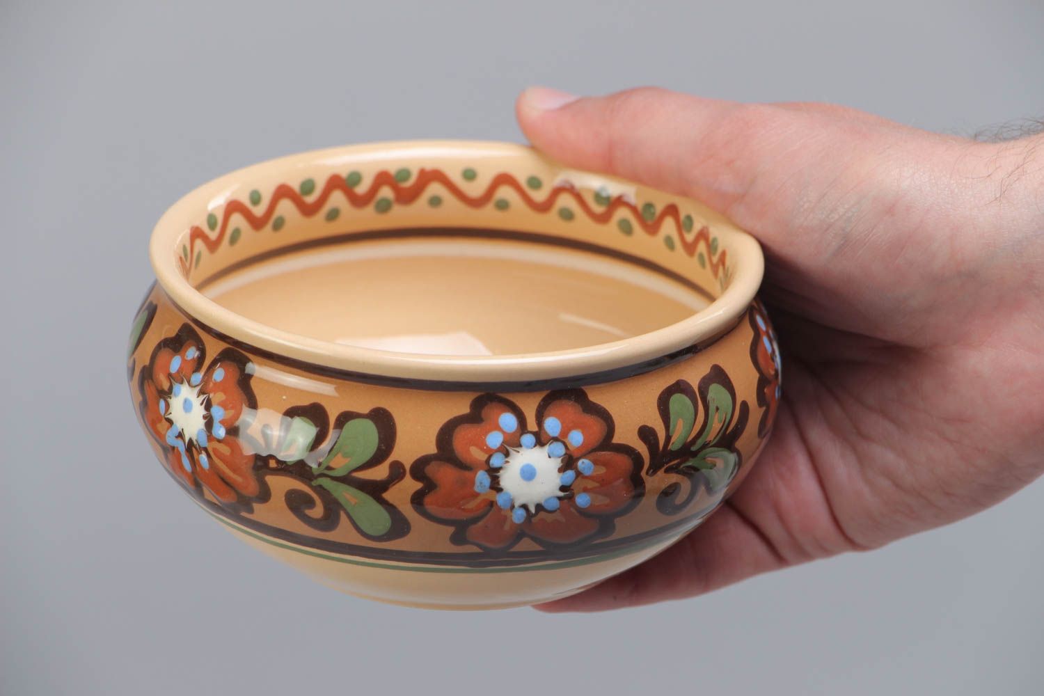 Homemade decorative ceramic deep bowl painted with colorful glaze 300 ml photo 5