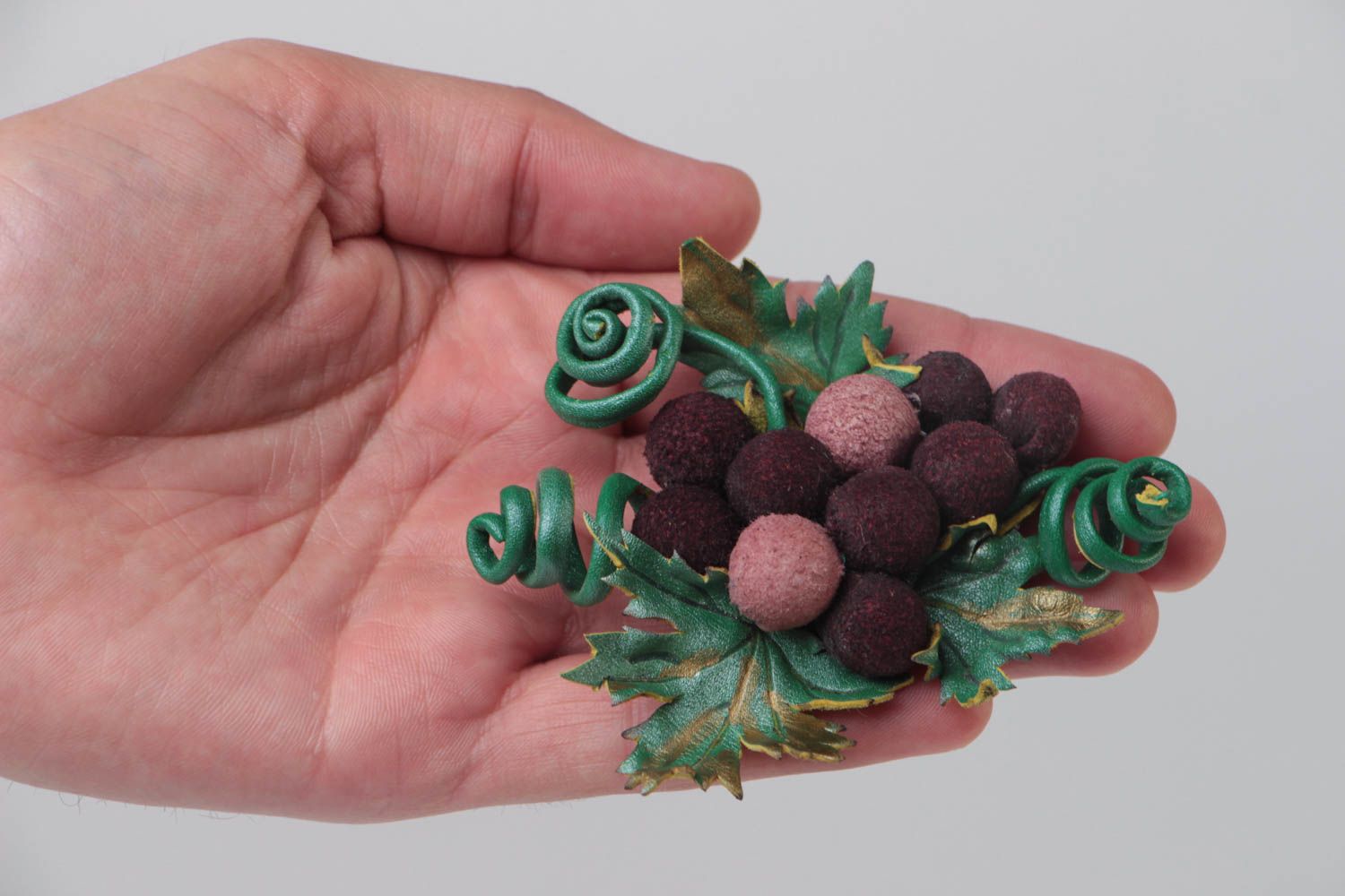 Unusual volume handmade leather brooch for women Bunch of Grapes photo 5