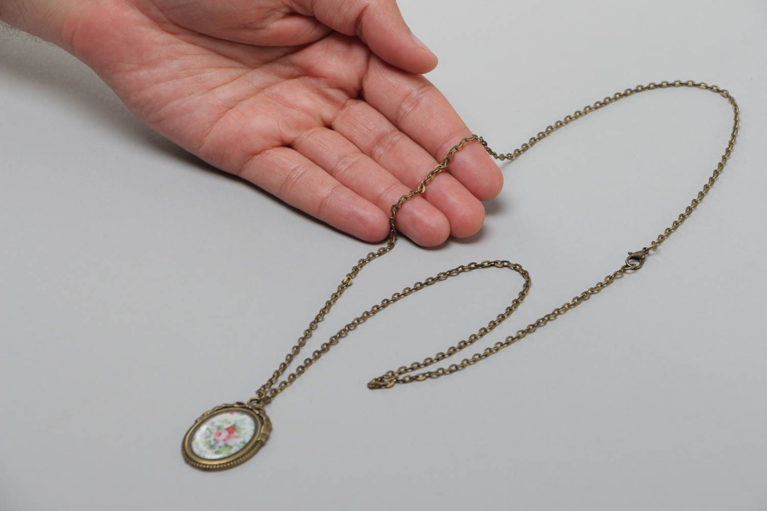 Handmade glassy glaze pendant on a long chain beautiful designer oval accessory photo 5