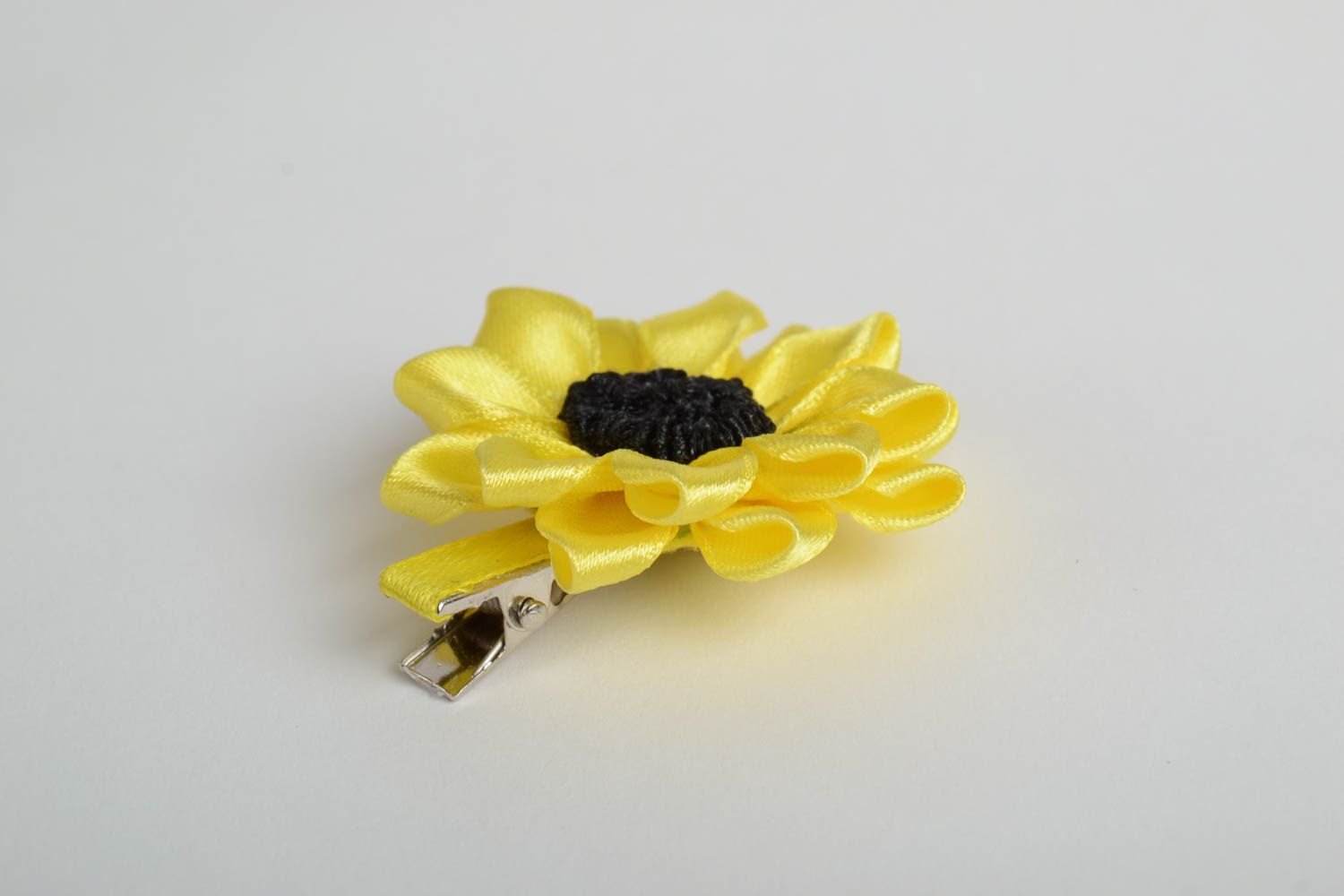 Handmade small decorative hair clip with yellow and black kanzashi sunflower photo 2