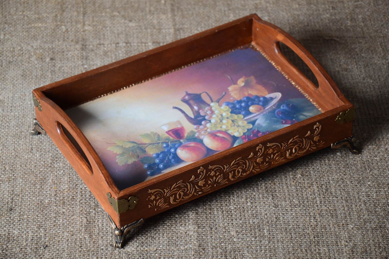 Handmade designer wooden tray stylish kitchen element cute decoupage tray photo 1