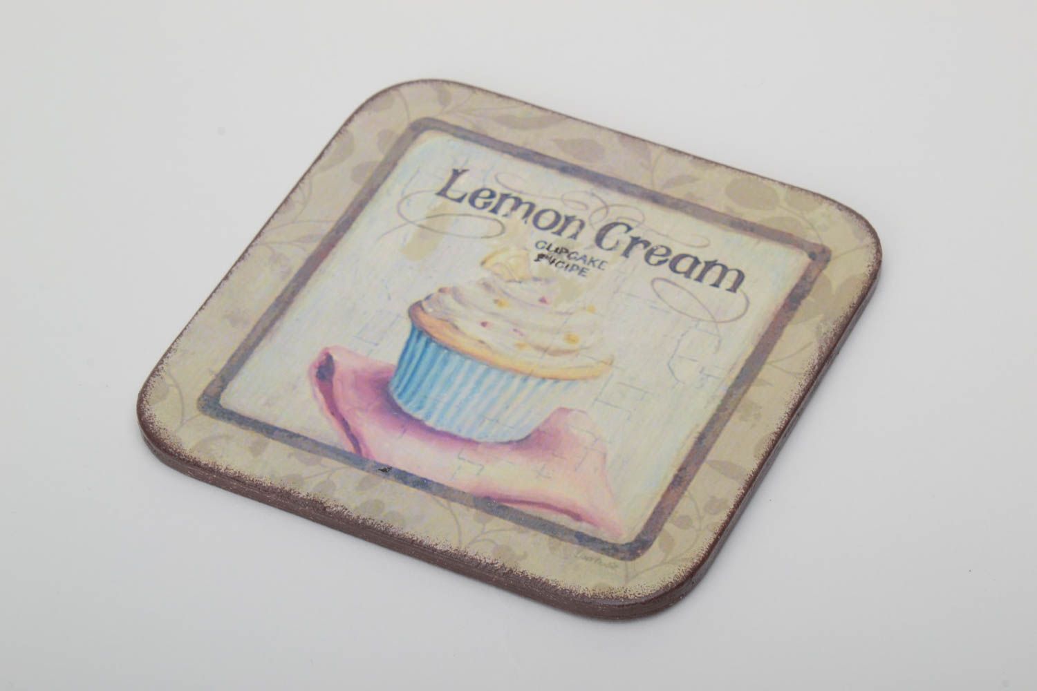 Homemade decoupage plywood coaster for cups with cake print photo 2