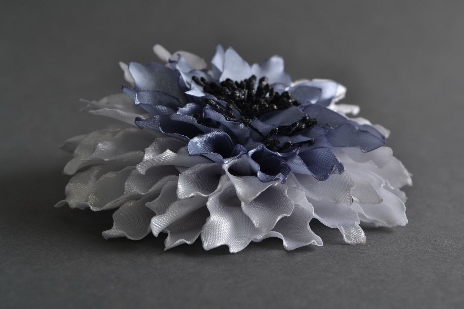 Handmade hair tie with artificial satin ribbon aster flower in gray color shades photo 1