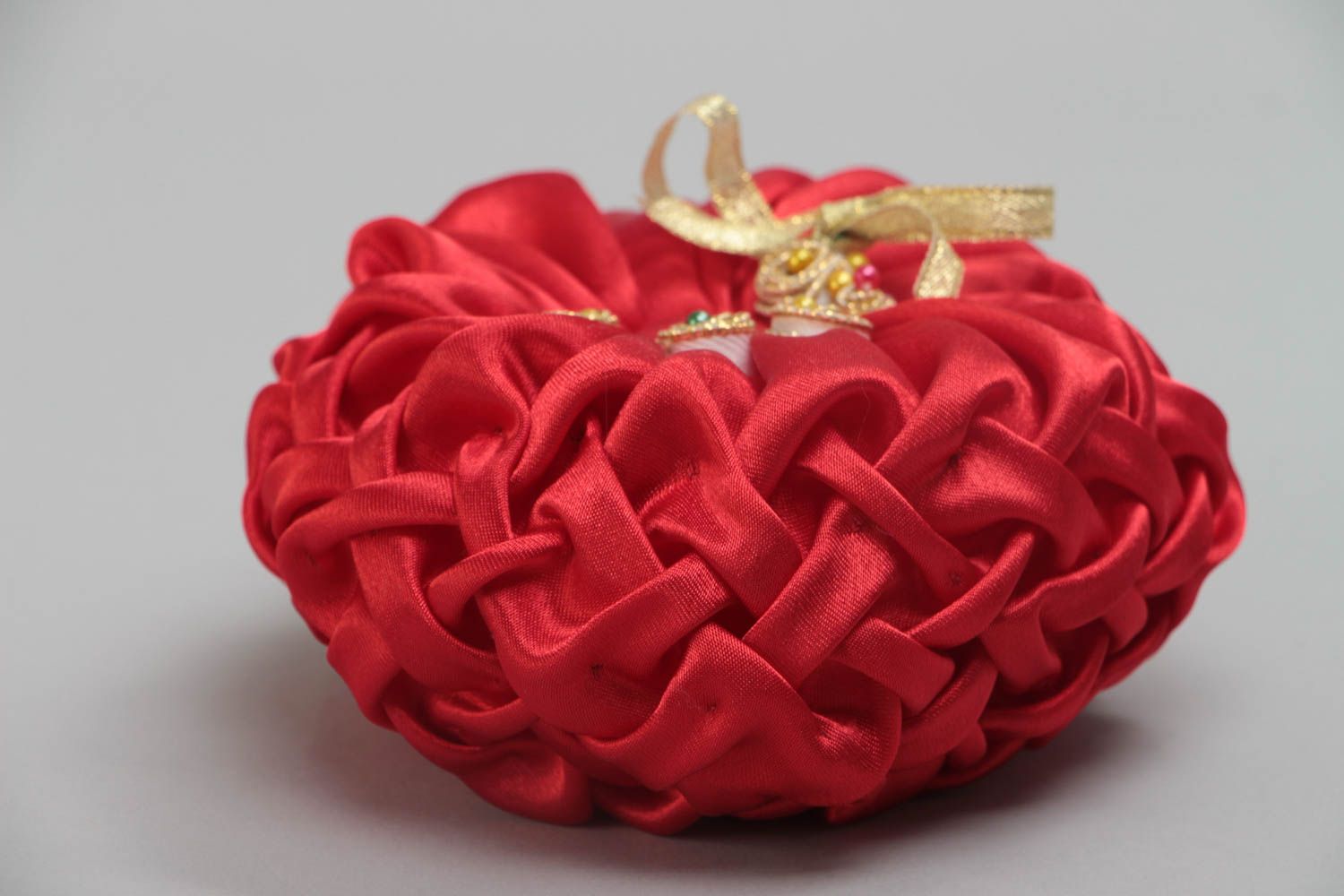 Handmade designer red satin fabric wedding ring pillow with ribbons and beads photo 3