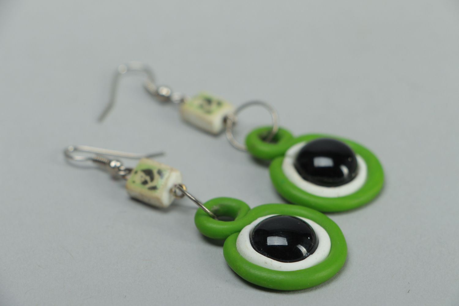 Round polymer clay dangle earrings of green color photo 2