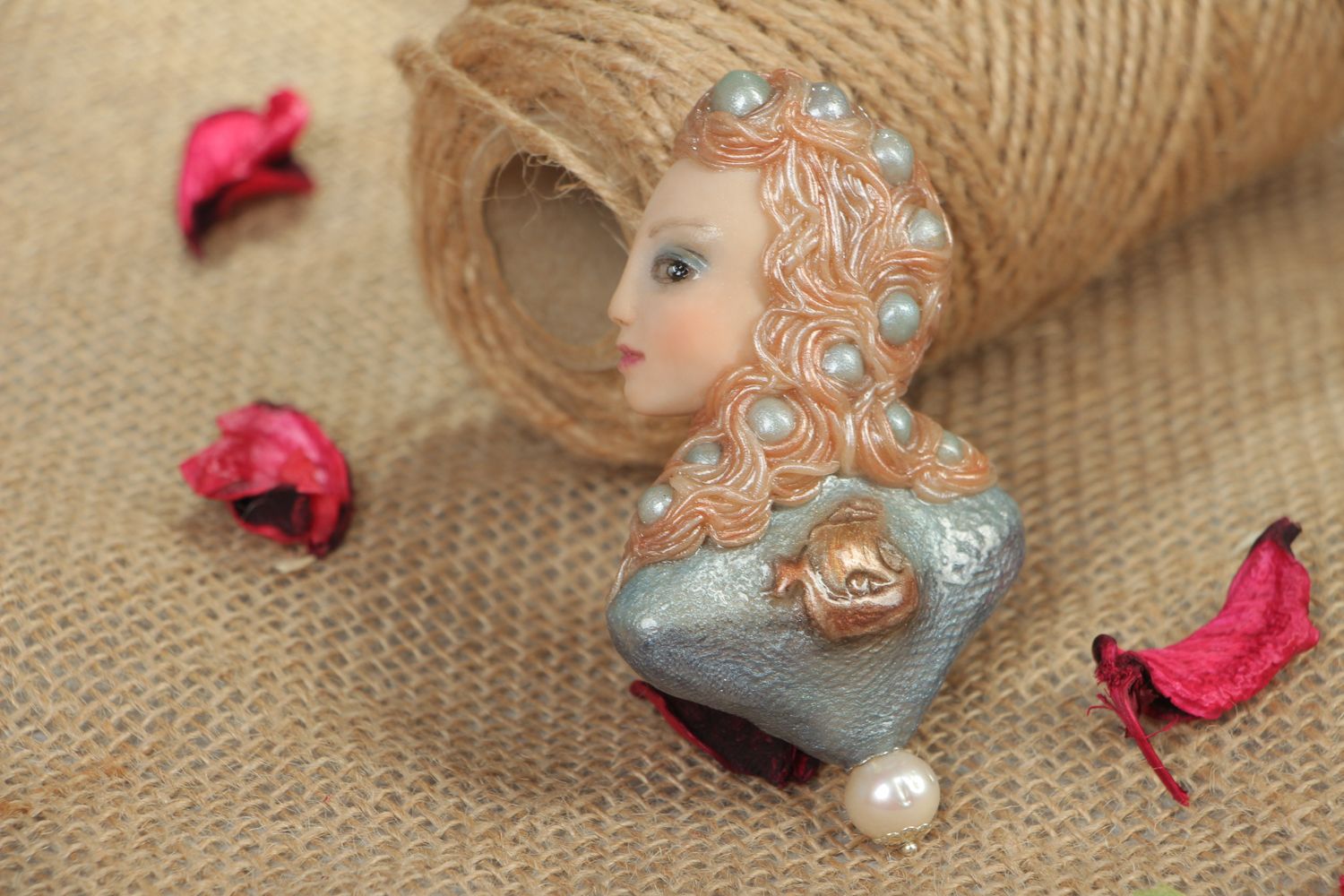 Polymer clay brooch with river pearls photo 5