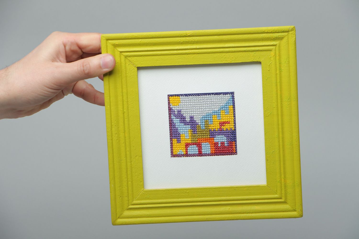 Handmade cross stitched painting in bright frame photo 4
