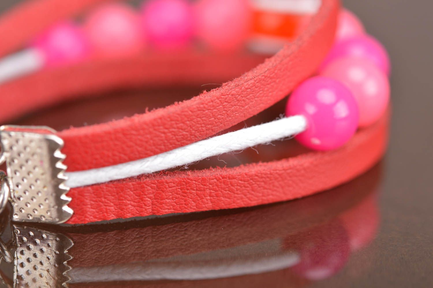 Red and pink handmade designer children's leather bracelet with beads photo 5