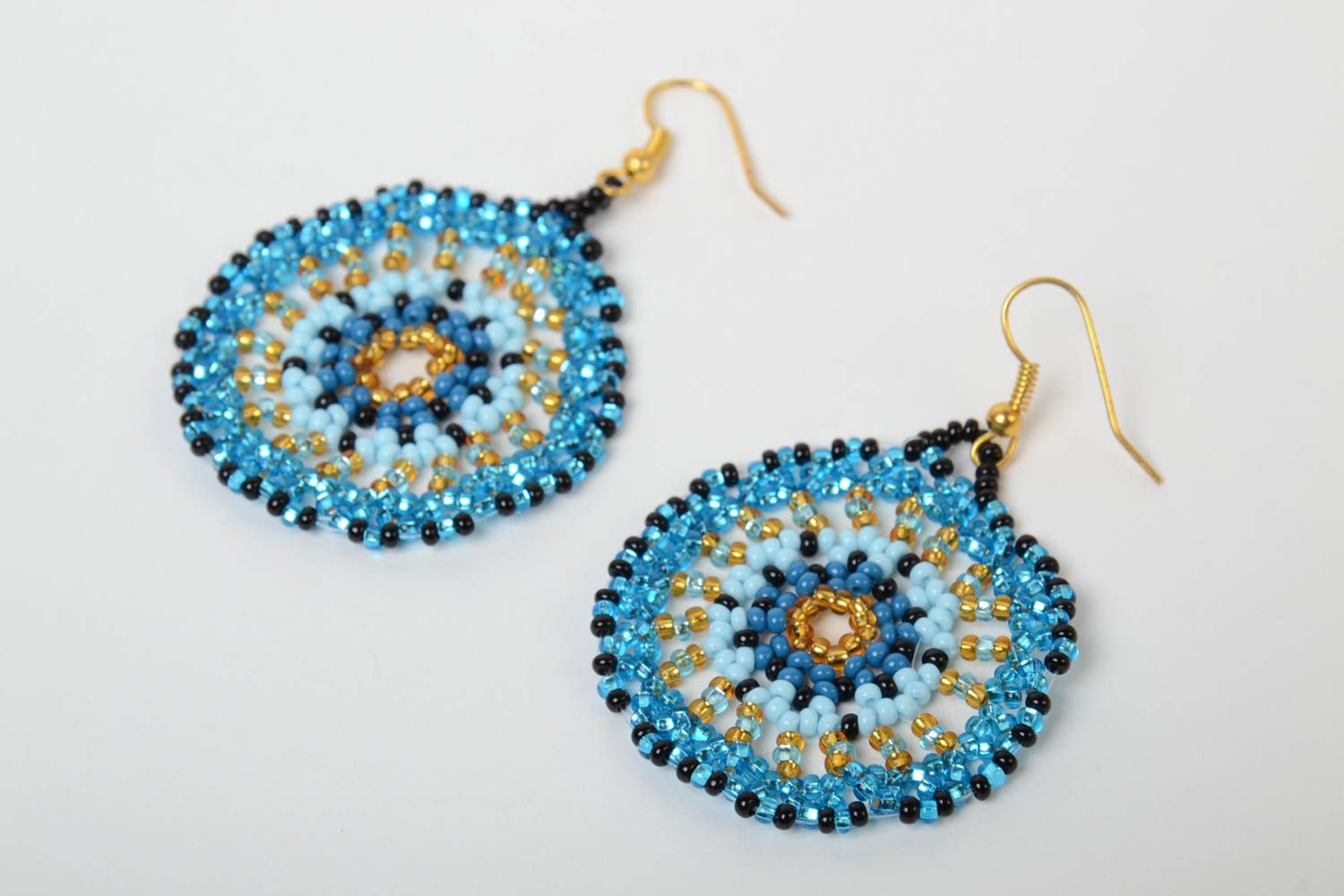 Beautiful handmade designer round blue beaded earrings with hook type ear wires photo 2
