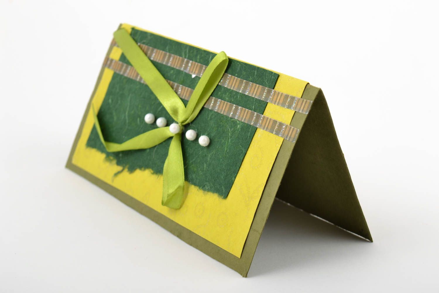 Carte de voeux faite main verte en carton avec noeud Petit cadeau original photo 3