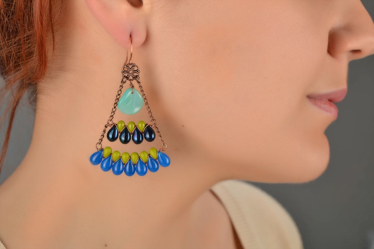Beautiful handmade massive beaded earrings with Czech glass Peacock Tail photo 1