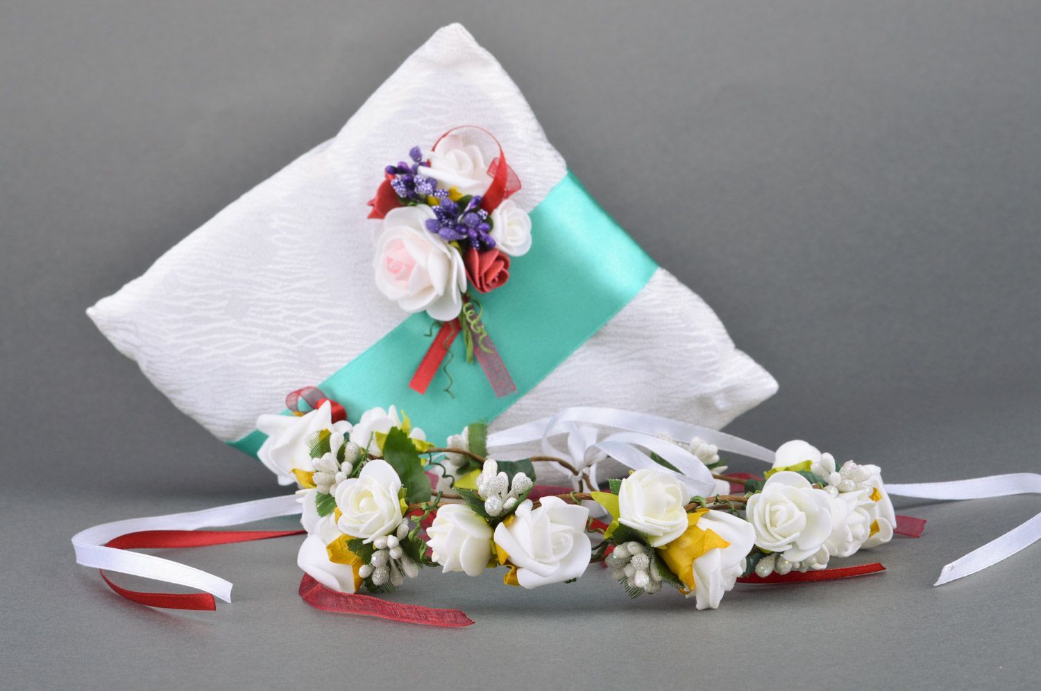 Handmade white and blue wedding accessories set rings pillow and floral headband photo 1