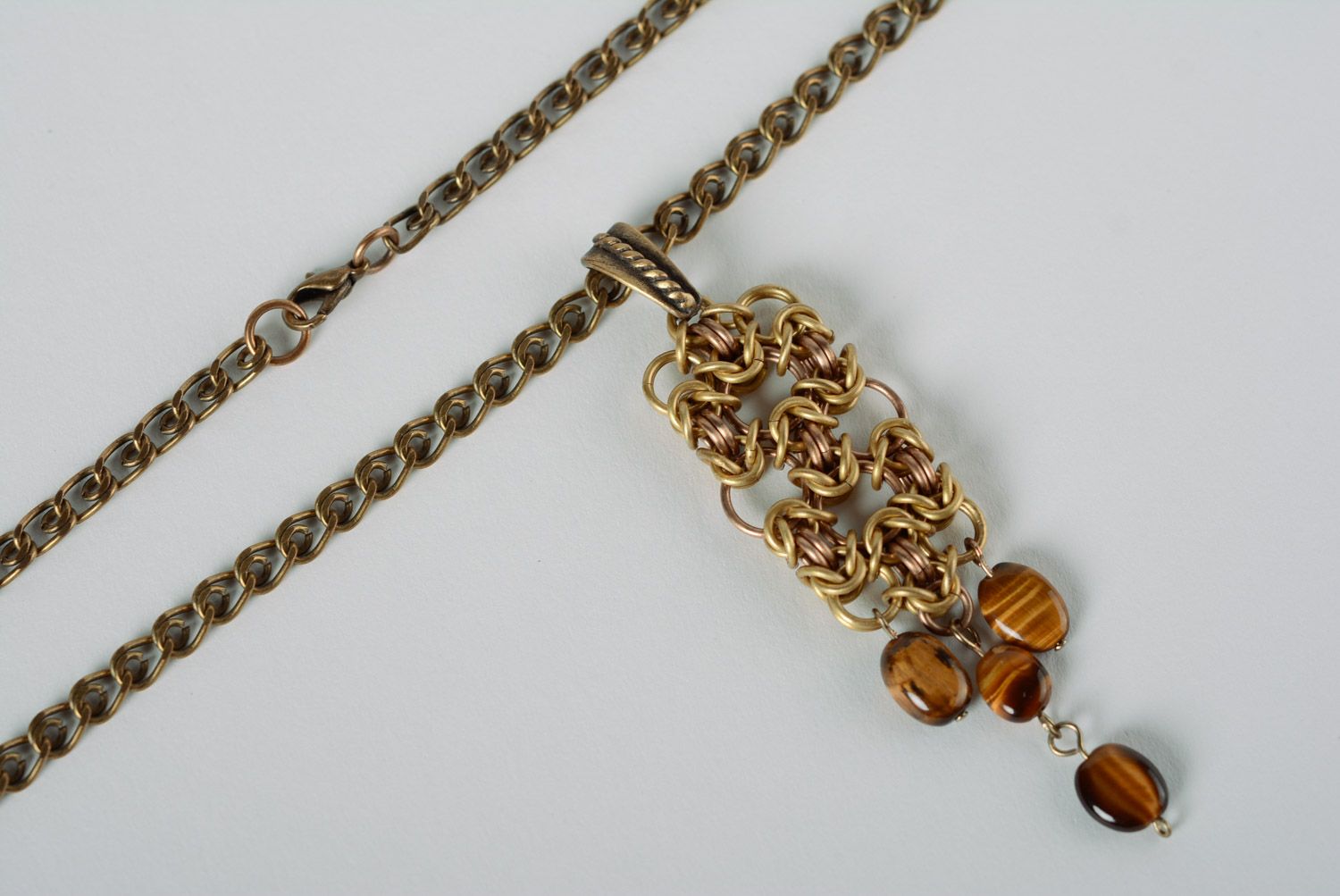 Handmade chainmaille woven metal pendant on chain with tiger's eye stone photo 4