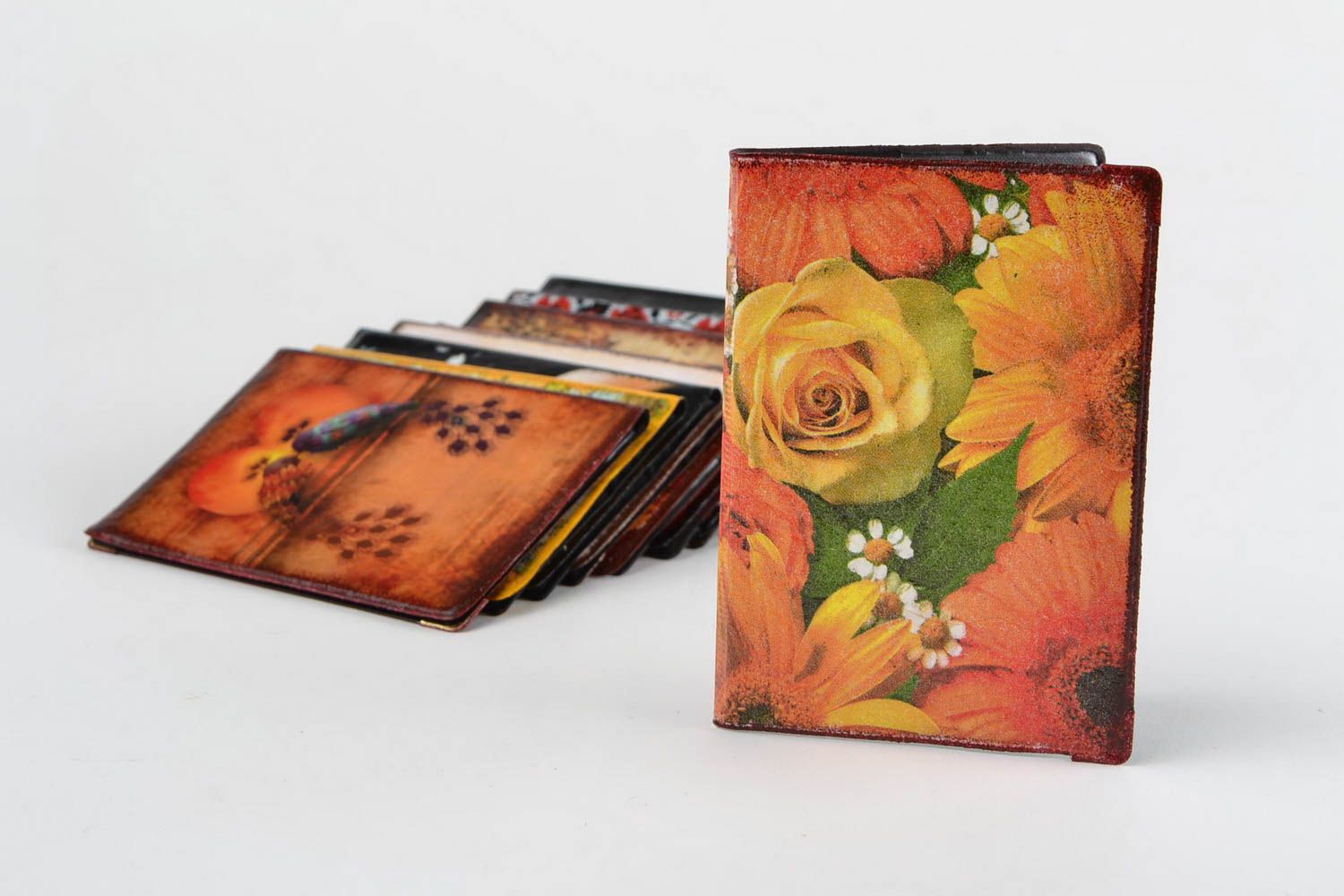Handmade faux leather passport cover with saturated decoupage floral image photo 1