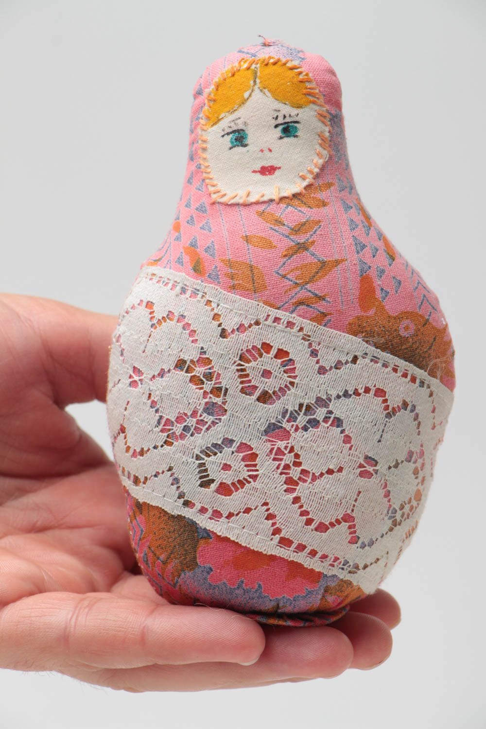 Handmade designer soft toy sewn of chintz nesting doll with lace colorful  photo 5