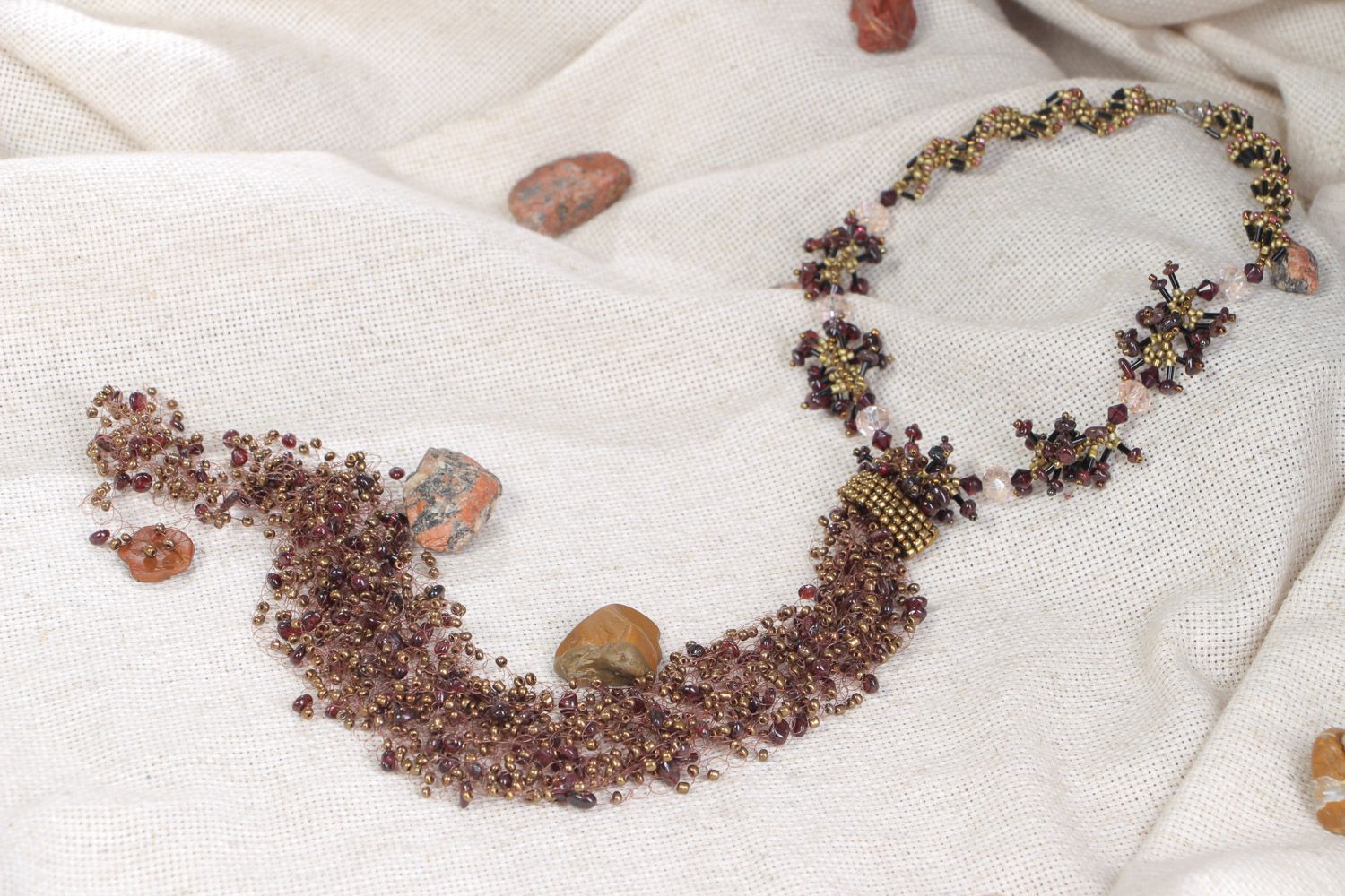 Handmade volume necklace woven of beads natural garnet stone and glass photo 1