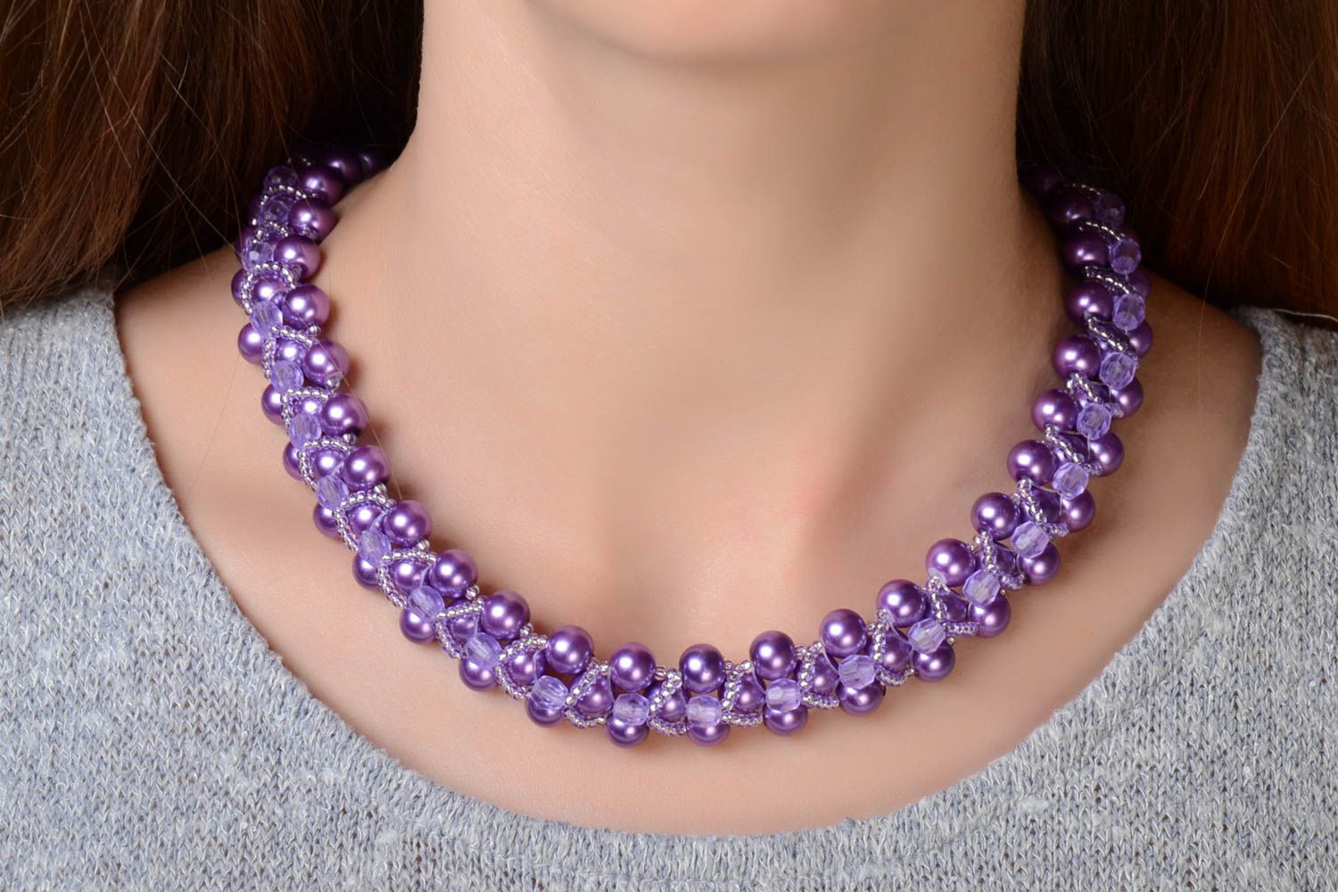 Beautiful gentle handmade designer beaded necklace of lilac color photo 1