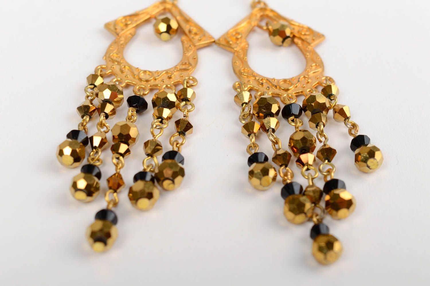 Handmade long festive dangle earrings with crystal beads in golden color palette photo 4
