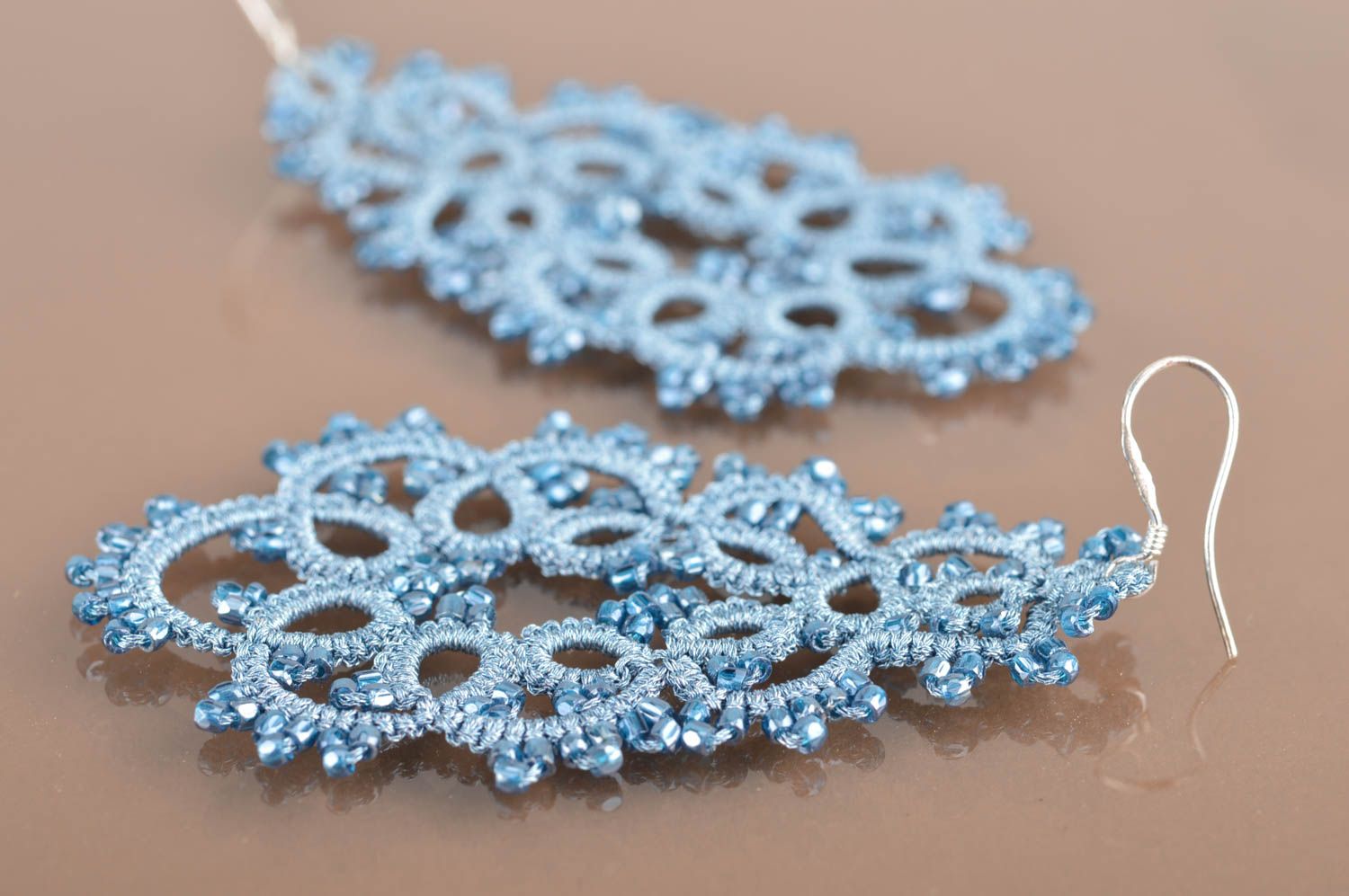 Homemade designer large light blue festive lacy tatted earrings with beads photo 5