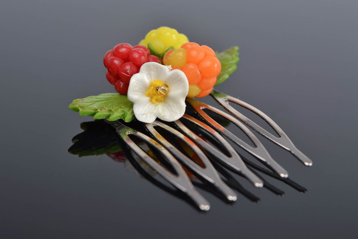 Handmade small decorative hair comb with polymer clay berries and flowers photo 1