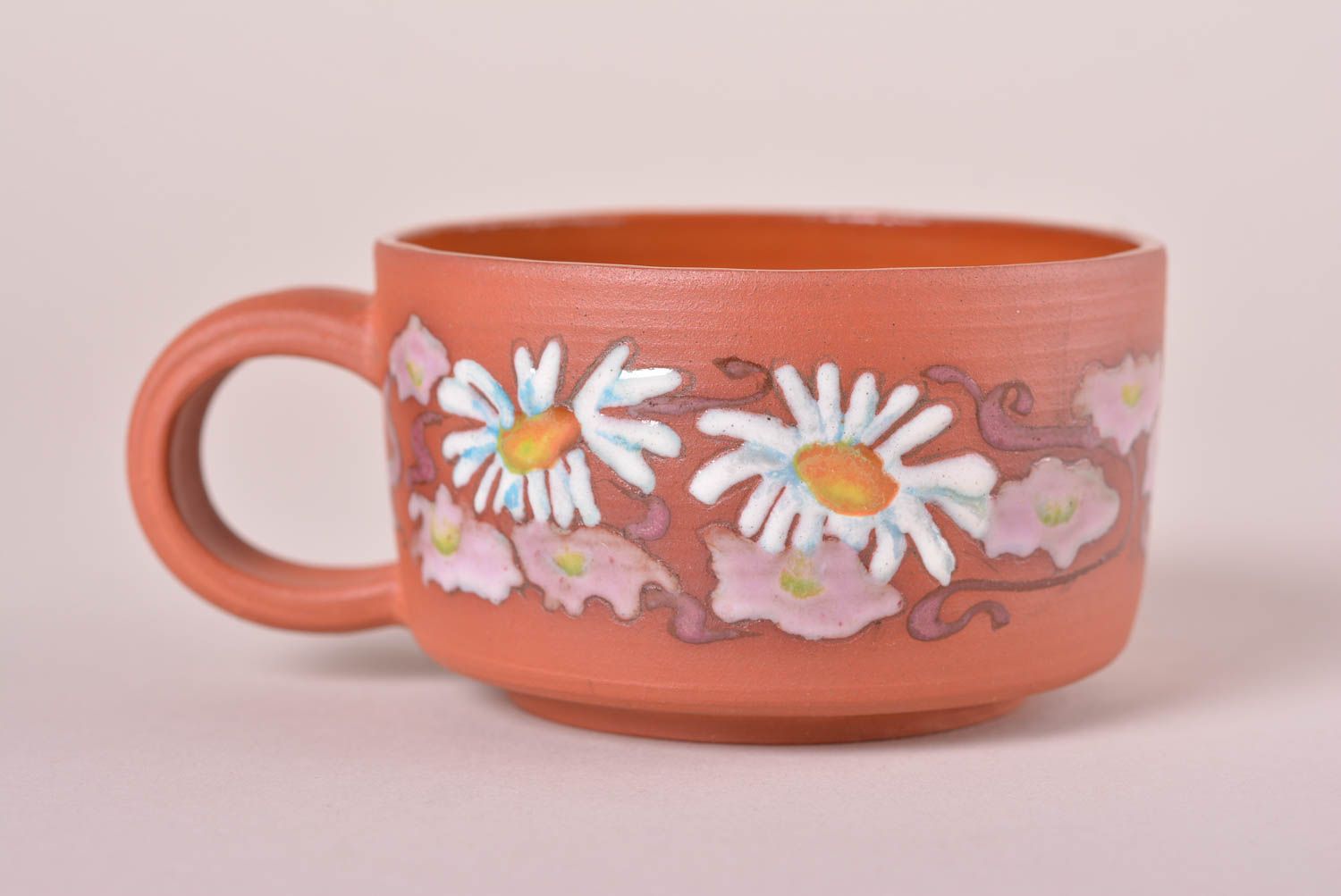 5 oz clay glazed wide coffee cup with handle and camomile floral pattern photo 2