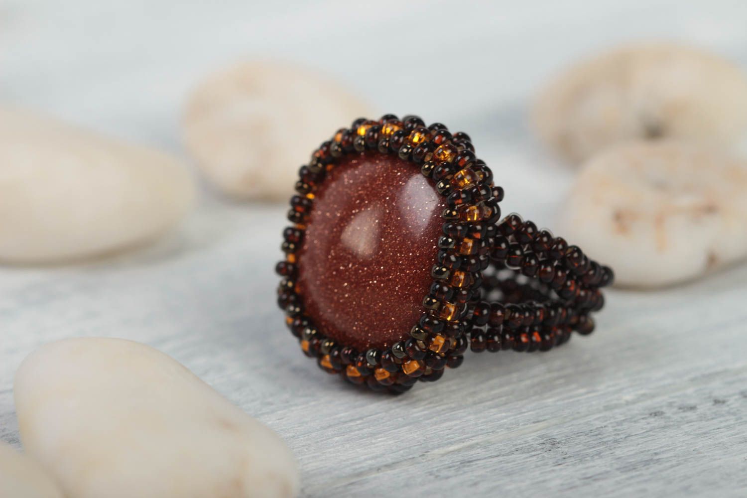 Bague en perles de rocaille avec aventurine faite main marron élégante photo 1