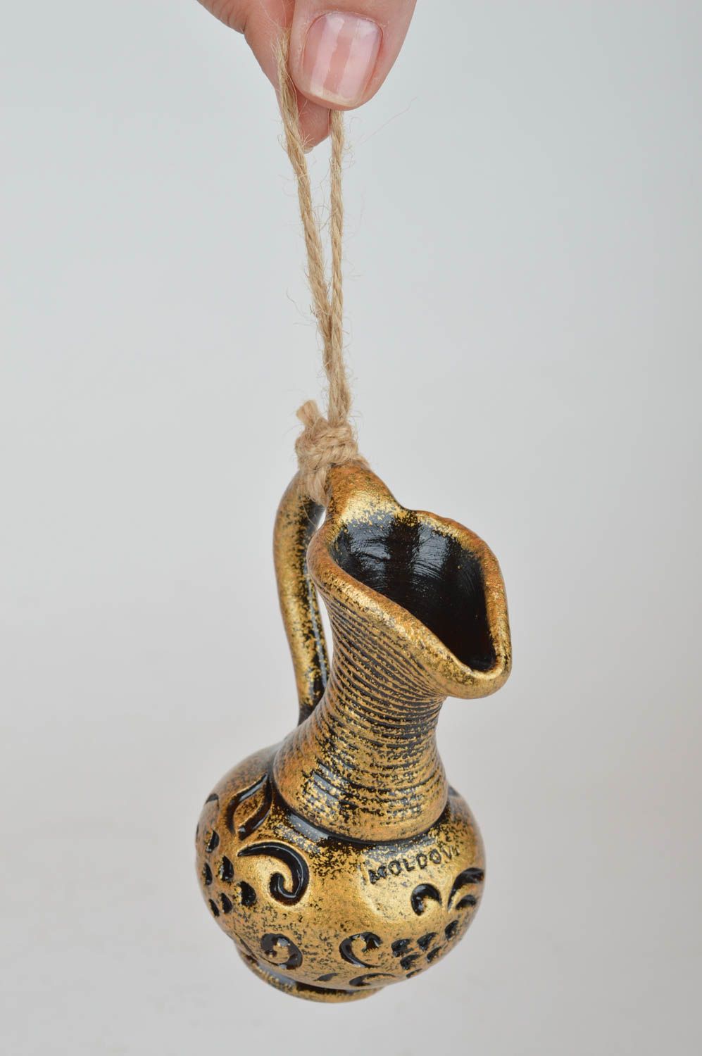 Handmade ceramic pendant in the shape of water pitcher in gold color 0,21 lb photo 3