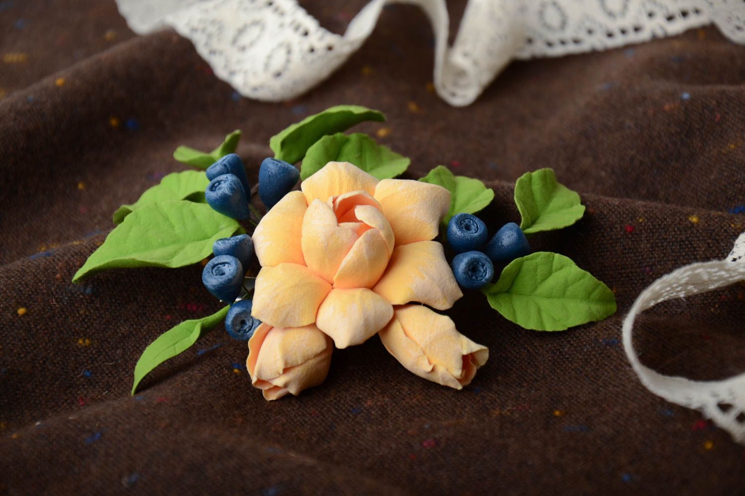 Handmade polymer clay brooch with volume flowers and berries of tender colors  photo 1