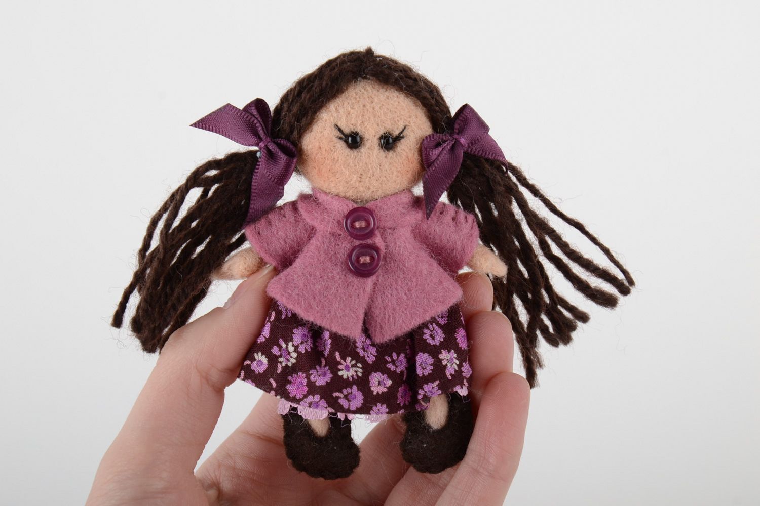 Handmade decorative fridge magnet made of wool and felt in the shape of doll photo 5