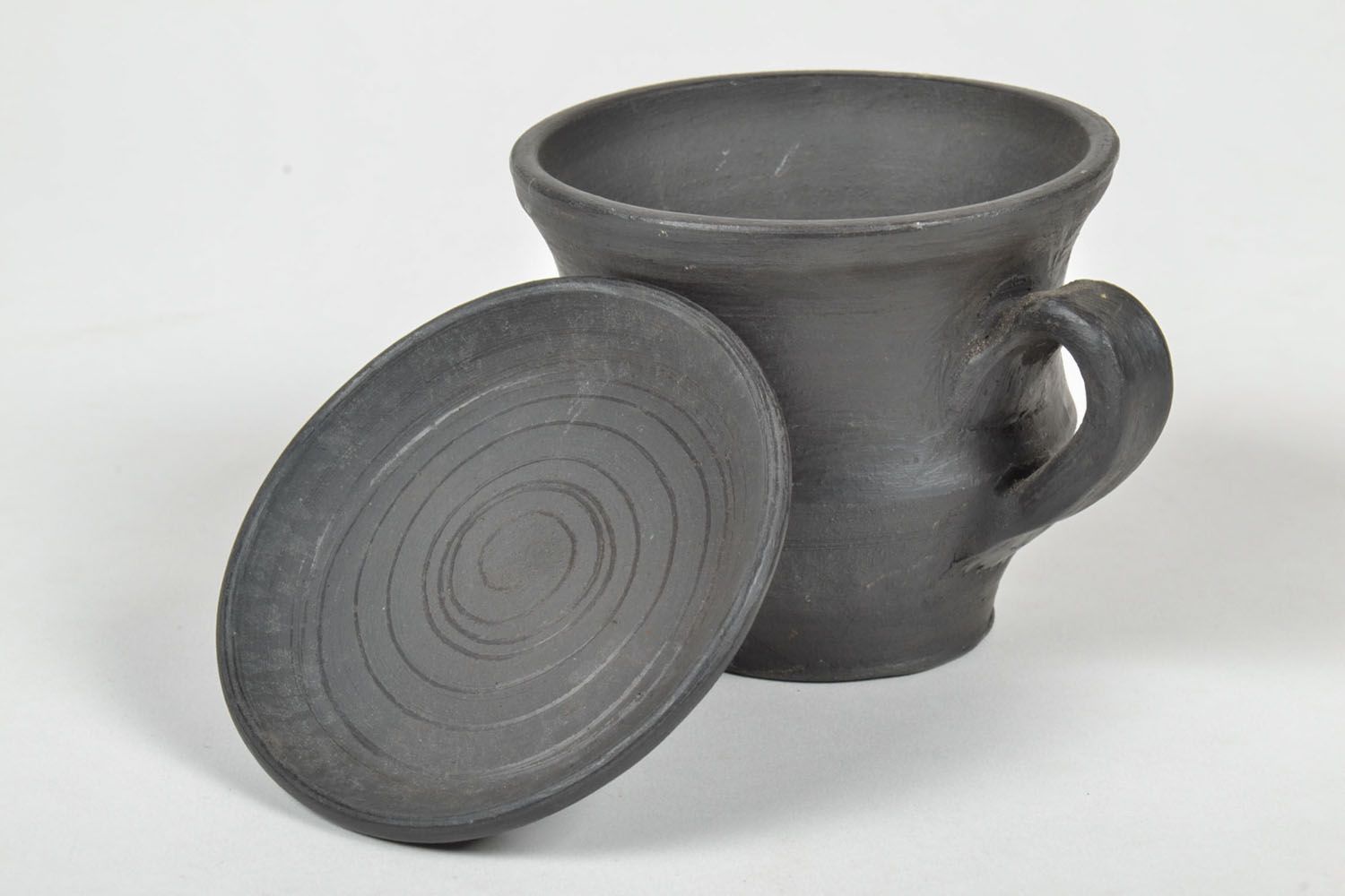 Black clay not glazed coffee cup with handle and saucer photo 4