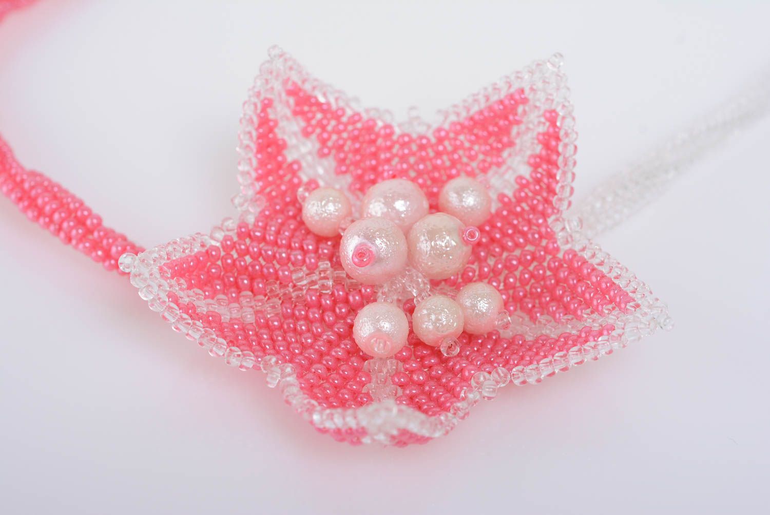 Gentle pink handmade designer women's woven beaded necklace with flower photo 2