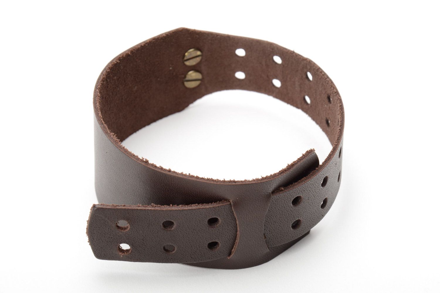 Handmade massive genuine leather wrist bracelet of brown color with metal elements photo 4
