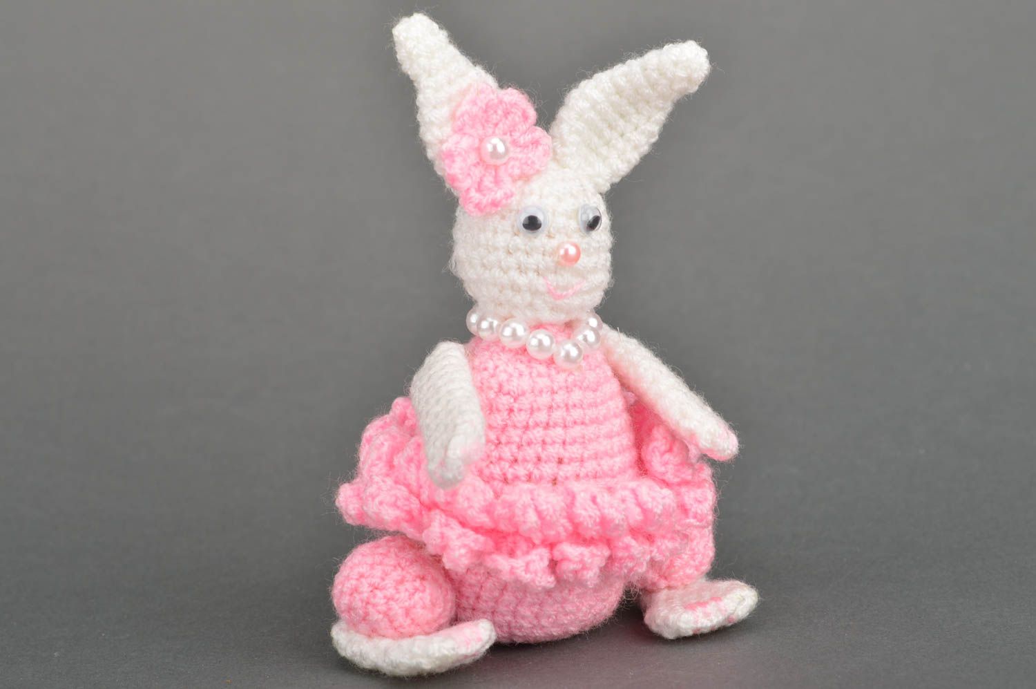 Handmade designer soft toy crocheted of acrylic threads Easter rabbit white pink photo 2