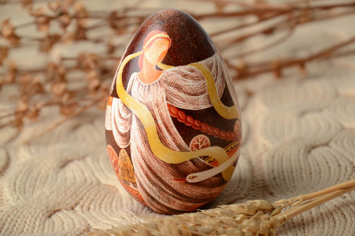 Goose Easter egg painted with aniline dyes using scratching technique photo 1