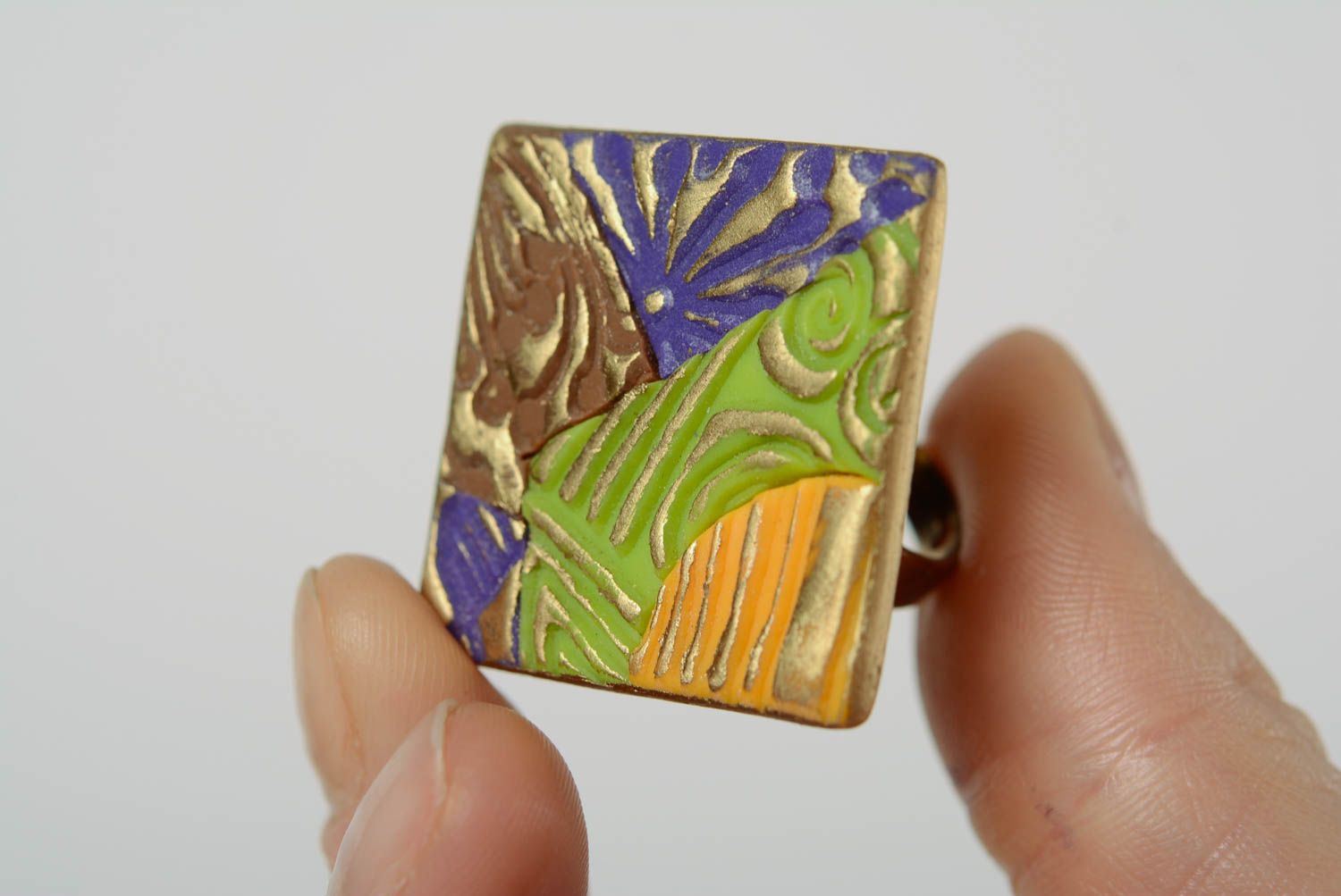 Handmade polymer clay square ring with ornament on metal basis of adjustable size photo 2