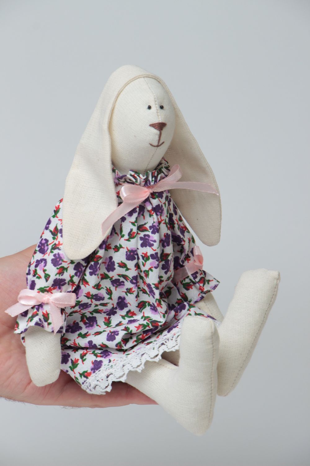 Handmade small fabric soft toy rabbit girl in dress with violet floral pattern photo 5