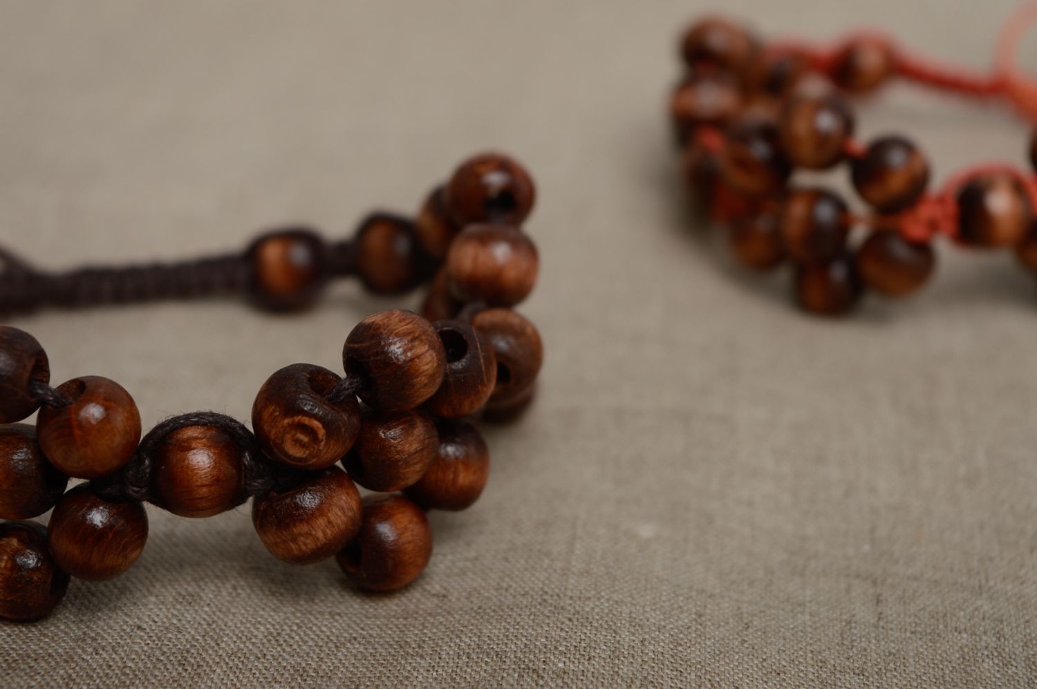 Macrame bracelet woven of wooden beads and waxed cord photo 5