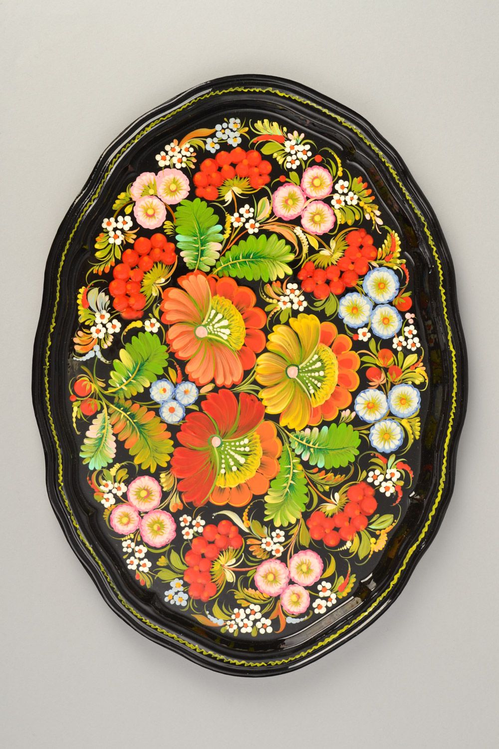 Handmade small metal tray with Petrikov painting for home photo 3