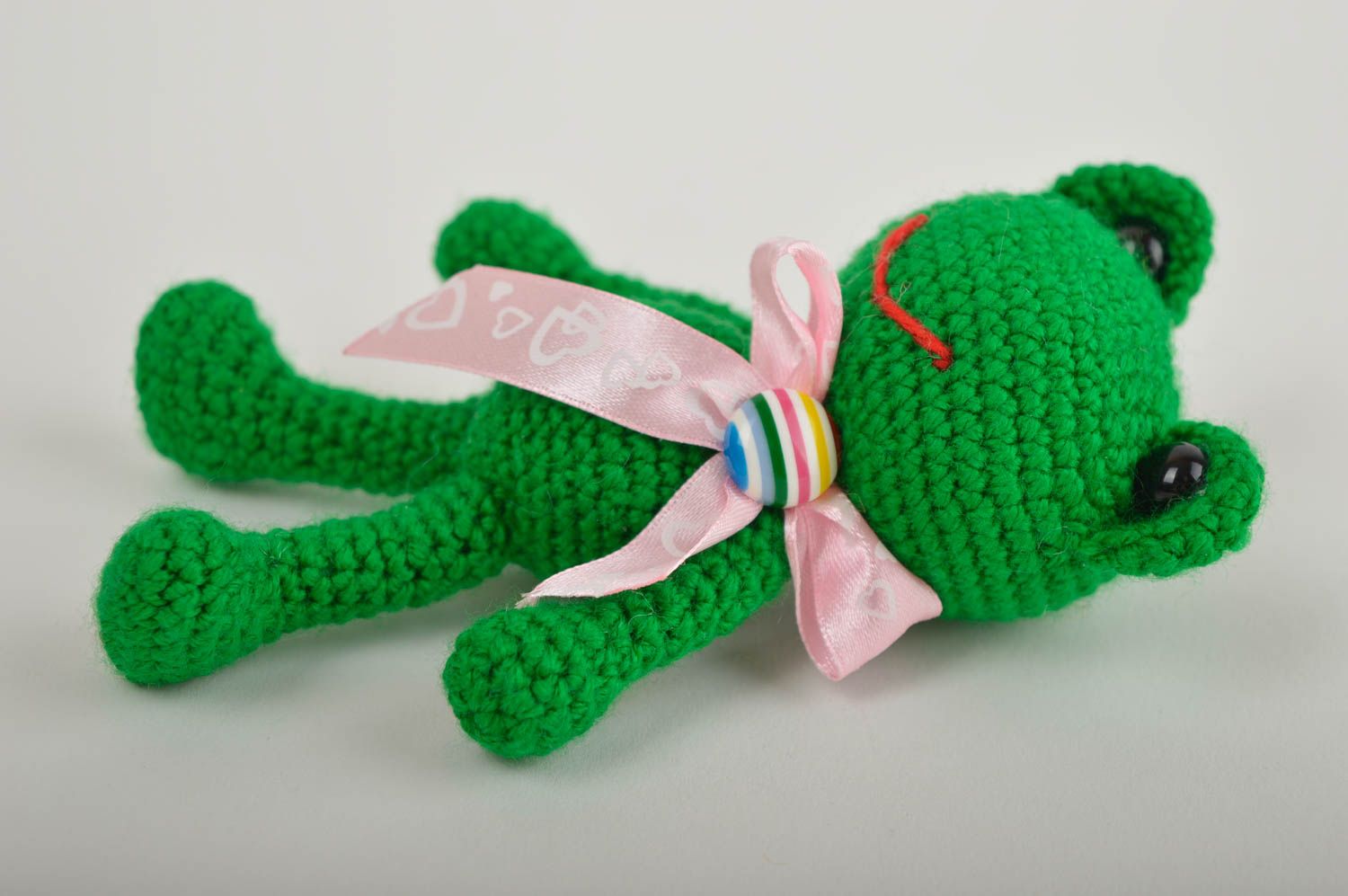 Jouet grenouille Peluche faite main avec noeud rose Cadeau pour enfant photo 4