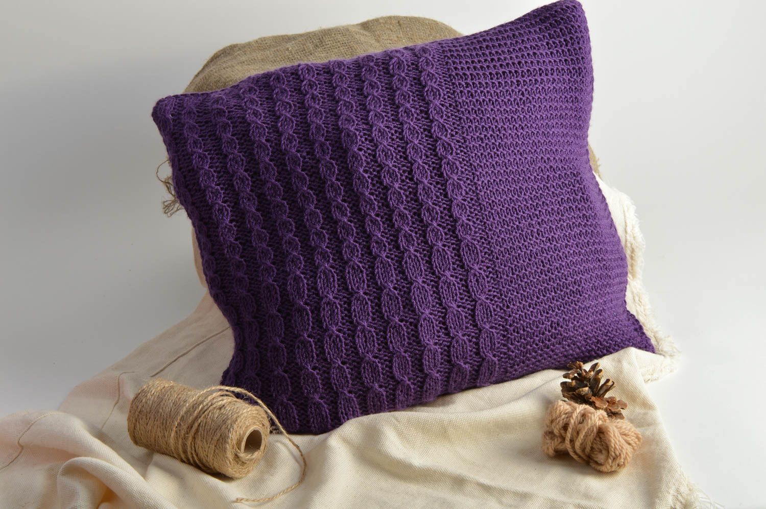 Small handmade designer stylish knitted pillowcase of dark violet color photo 1