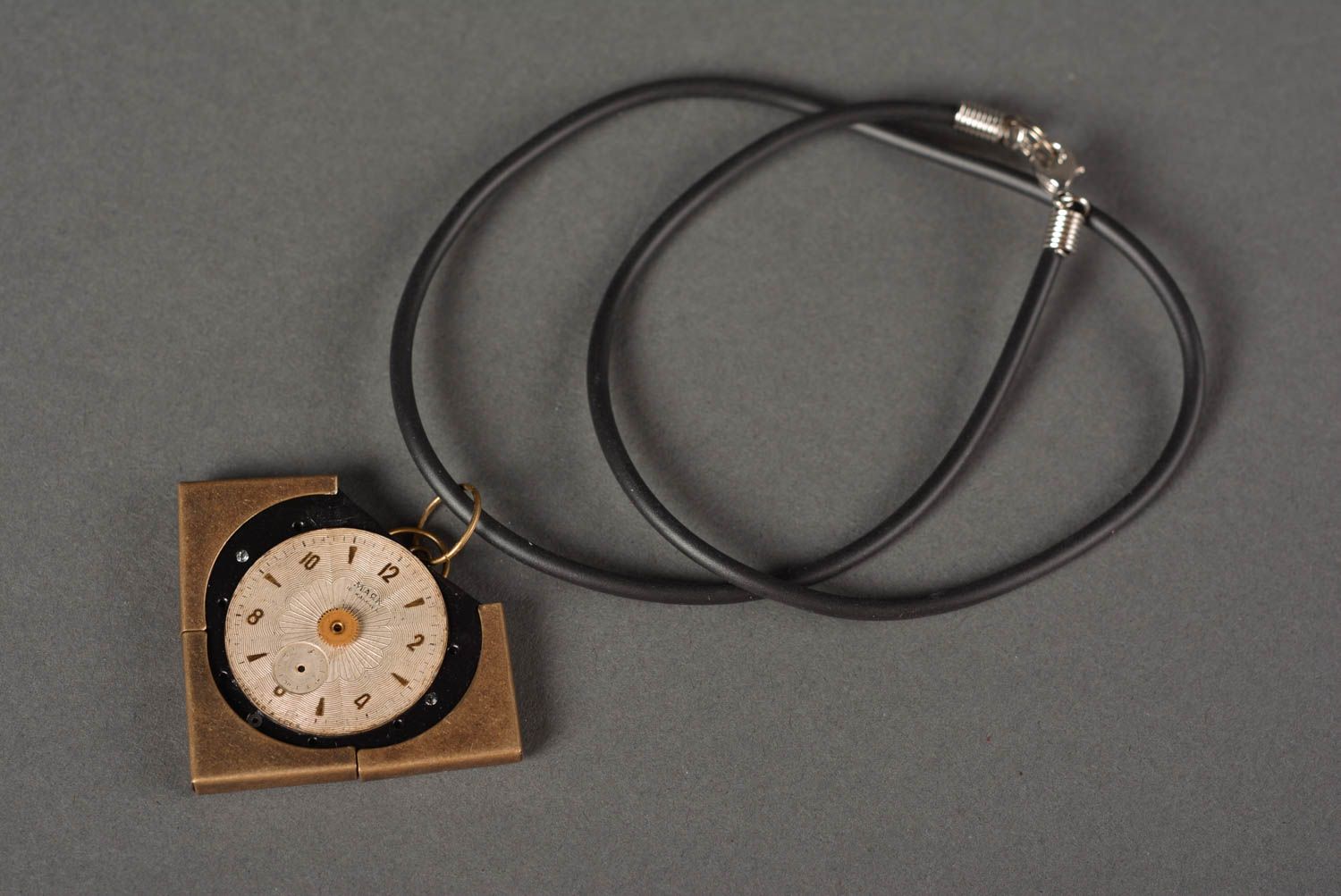 Unusual handmade metal pendant clock neck accessories contemporary jewelry photo 4
