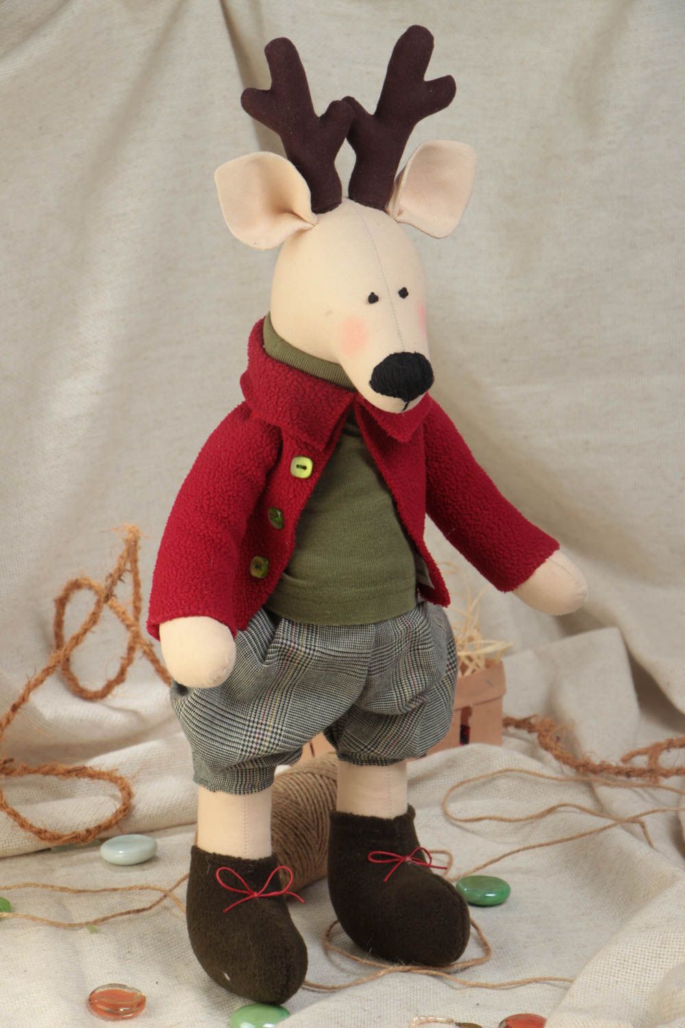 Handmade designer fabric soft toy Deer in red jacket for kids and interior decor photo 1