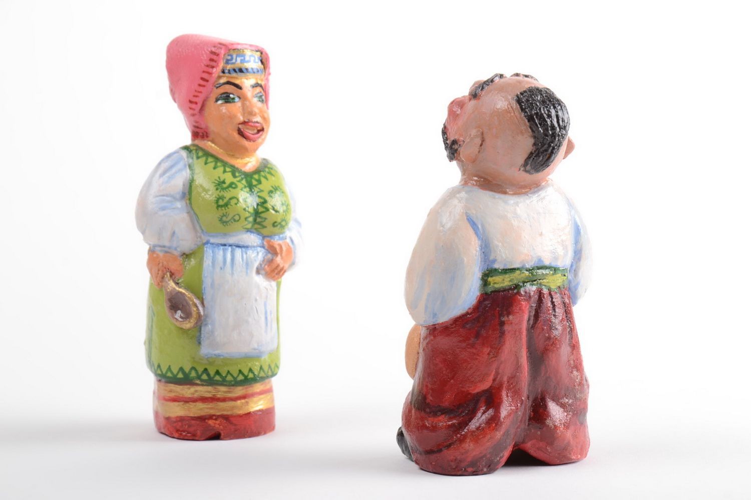 Bemalte handmade Keramik Deko Figuren Set 2 Stück im ethnischen Stil Paar foto 3