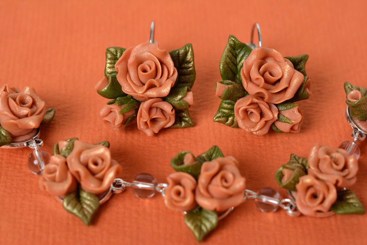 Set of handmade polymer clay jewelry earrings and bracelet with flowers photo 4