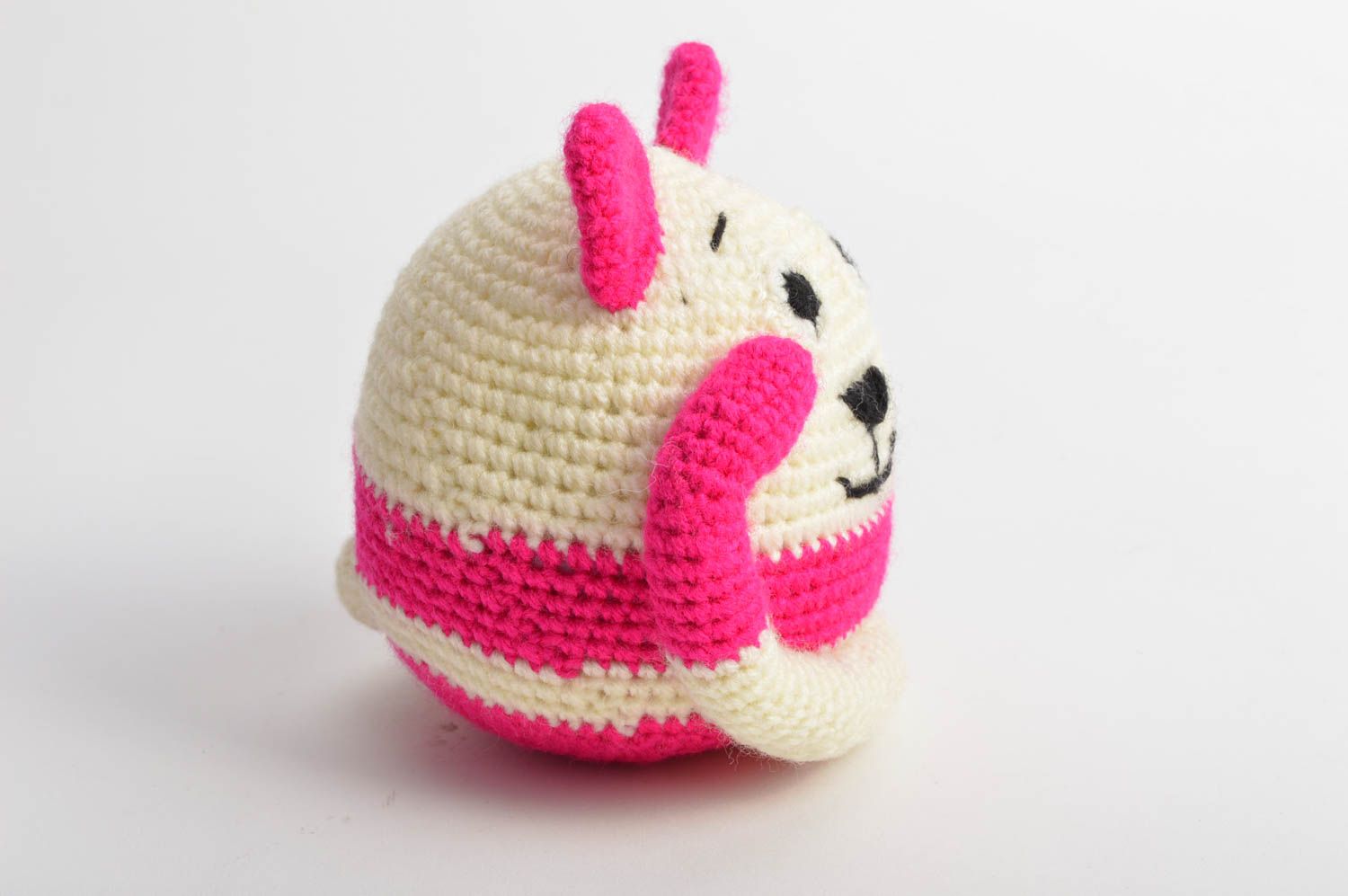 Handmade cute crocheted pink and white funny round toy in shape of cat photo 3