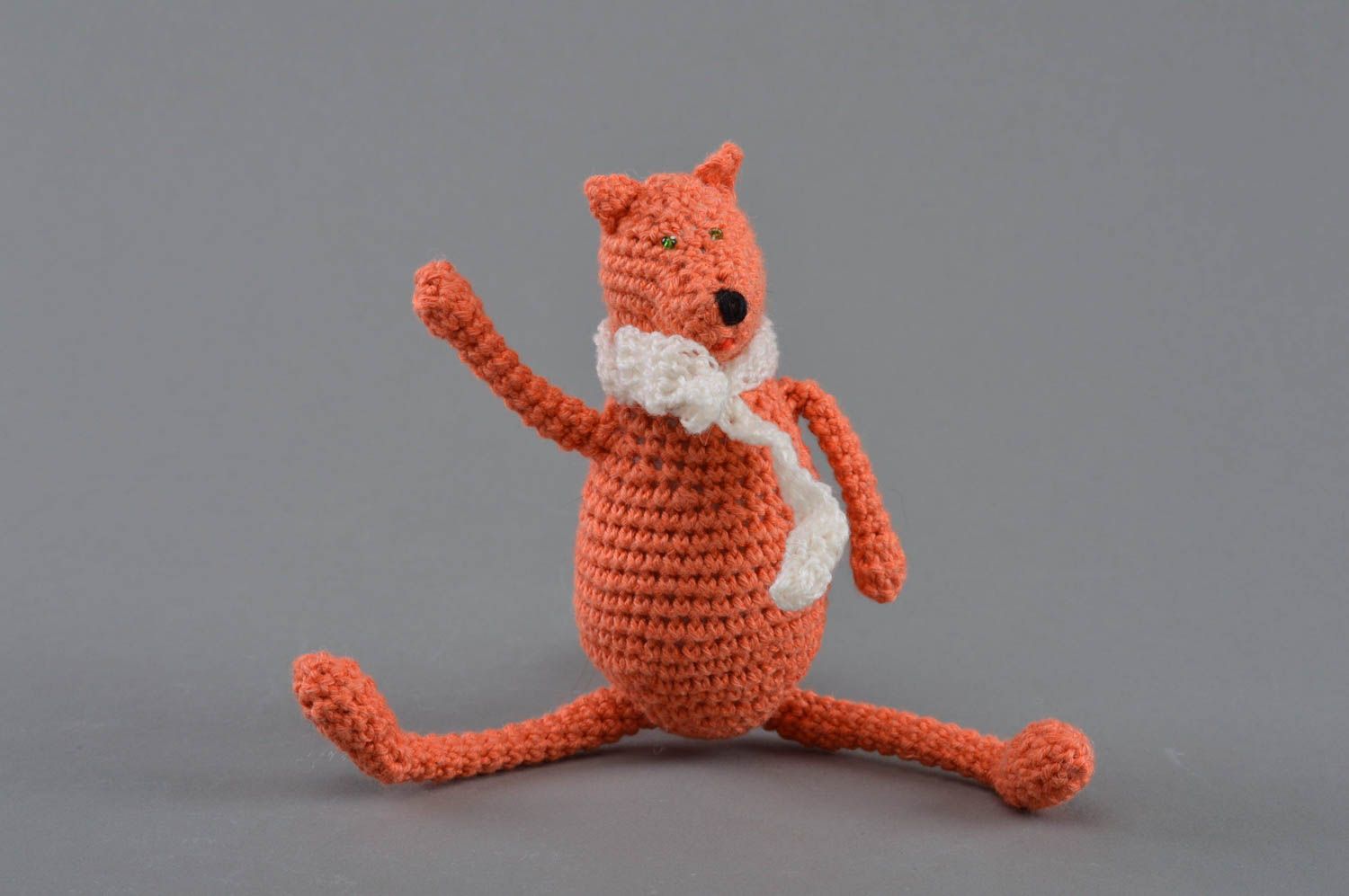 Small handmade beautiful crochet soft toy fox of orange color for kids photo 1